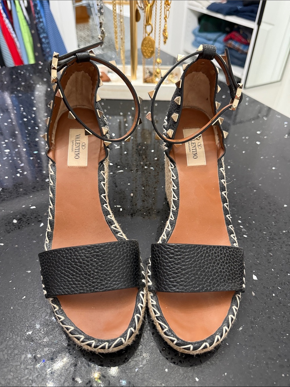 Valentino Garavani Black Leather Wedge Espadrille Sandals with Gold Studs